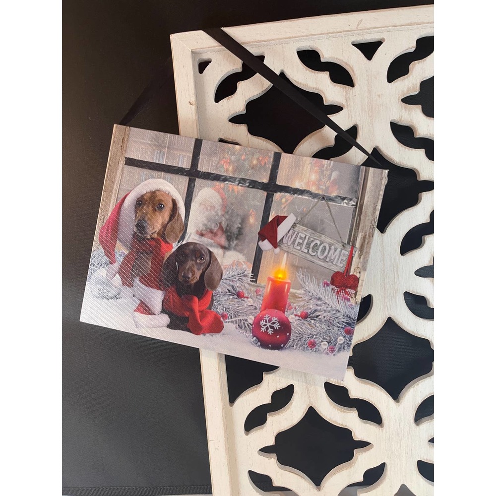 Lighted Dachshund Santa Hat Holiday Scene‎ Canvas Wall Hanging Tested & Works